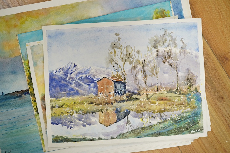 Baris Ali Kibar (Contemporary), eleven watercolours on card, Landscapes to include London views, Coastal scenes and an alpine landscape, some signed and dated, largest 30 x 40cm, unframed. Condition - fair